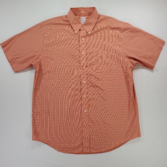 Brooks Brothers 346 Shirt Men Large Orange Windowpane Plaid Non-Iron Button Down - Picture 1 of 13